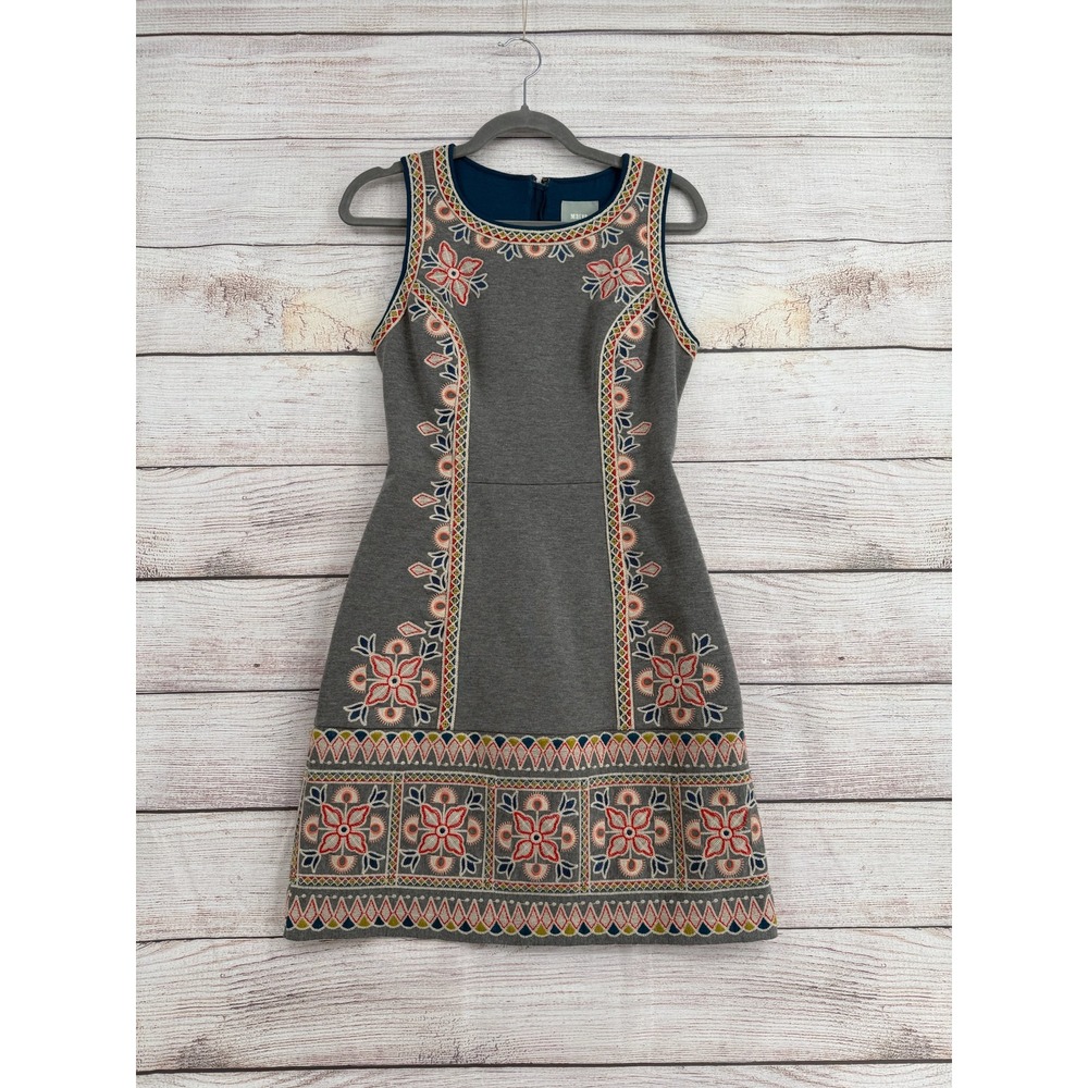 Maeve Dress Women 6 Grey Embroidered Sleeveless A-Line Mini Boho Floral